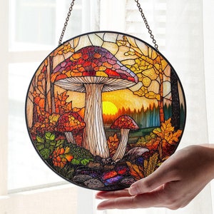Sunset Mushroom Suncatcher, Window Stained Glass Style, Mushrooms for Home Decoration, Plant Suncatcher, Window Hanging Art Decor