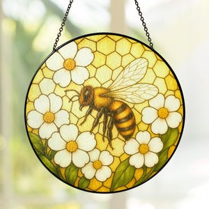 Bee Wildflower Stained Glass Suncatcher, Honeybee Gift For Garden Lovers, Honey Bee Suncatcher, Home Decor Gift For Mom, Mothers Day Gift