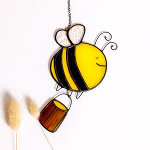 Bee Stained Glass Suncatcher with Honey Bucket - Cute Glass Bumble Bee Decor, Light Catcher Honeybee Gift for Bee Lovers