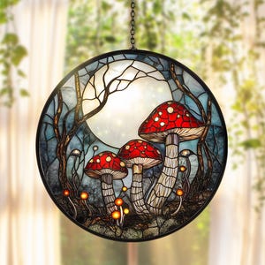 Mushroom and Moon Glass Suncatcher Window Decor Acrylic Hanging Ornament Garden House Decoration Gift for Mom Mushroom Lover Home Decor