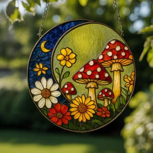 Mushroom Suncatcher Window Decor, Stained Glass Mushrooms Cottagecore Home Decor, Fairycore Cottagecore Gift, Acrylic Moon and Flowers Art