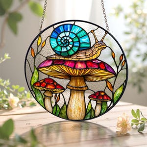 Mushroom Suncatcher/Mushroom and Blue Snail Stained Glass Window Hanging/Mushroom Home Decor/Birthday Gift For Mom Grandma/Housewarming Gift