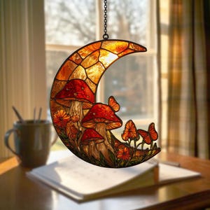 Enchanted Crescent Moon Suncatcher with Mushrooms and Flowers, Acrylic Hanging Art for Fairycore or Cottagecore Room Decor