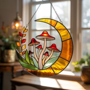 Mushroom on Moon Acrylic Suncatcher, Cottagecore Fungi Window Hanging, Boho Nature Decor, Witchy Home Ornament, Mystical Fairycore Gift