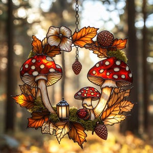 Woodland Mushroom Acrylic Suncatcher Wreath | Forest Faux Stained Glass Window Hanging Fall Decor Gift Murshroom Decor