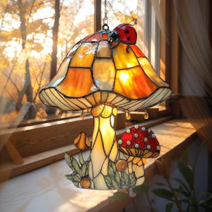 Mushroom Acrylic Suncatcher With Ladybug, Faux Stained Glass Window Hanging, Fall Cottagecore Window Art, Gift For Her