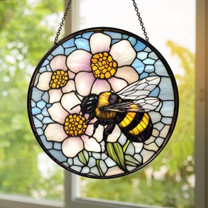 Bee Stained Glass Suncatcher: Floral Window Hanging, Garden Décor
