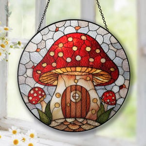Mushroom Suncatcher, Stained Glass Mushrooms Cottagecore Home Decor, Fly Mushroom Moon Window Hanging Art, Fantasy Woodland Gift
