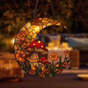 Enchanted Crescent Moon 2D Acrylic Suncatcher with Mushrooms and Flowers, Acrylic Hanging Art for Fairycore or Cottagecore Room Decor