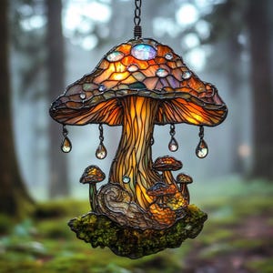 Mushroom Faux Stained Acrylic Suncatcher - Enchanted Forest Window Hanging, Cottagecore Fairycore Gift