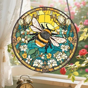 Honeybee Gift for Garden Lovers,Bee Stained Glass Suncatcher,Bee Wildflower Glass Ornament,Home Decoration for Bee,Housewarming Gift