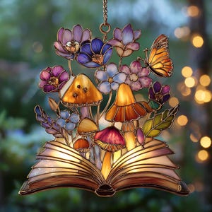 Fantasy Book Window Acrylic Suncatcher, Whimsical Faux Glass Suncatcher with Flowers, Gift for Readers and Nature Lovers