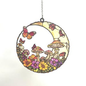 Moon and Mushroom Garden Faux Stained Glass Acrylic Suncatcher Window Hanging, Boho Cottagecore Decor, Magical Gift for Nature Lovers
