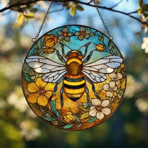 Bee Stained Glass Suncatcher, Nature-Inspired Decor, Mother’s Day Gift, Honeybee Gift for Garden Lovers, Home Decoration for Bee