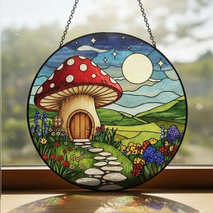 Fairy Mushroom House Suncatcher, Cottagecore Acrylic Window Art, Whimsical Garden Decor, Unique Toadstool Fantasy Gift