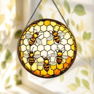 Stained Glass Honey Bees Honeycomb Window Hanging Decoration Round Cottagecore Suncatcher