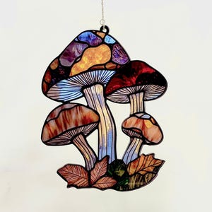 Mushroom Cluster Faux Stained Glass Suncatcher, Woodland Window Hanging Decor, Boho Cottagecore Art, Gift for Nature and Mushroom Lovers