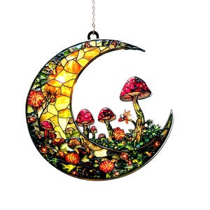 Mushroom Moon Faux Stained Glass Acrylic Suncatcher, Fantasy Crescent Window Hanging, Cottagecore Forest Decor, Gift for Nature Lovers