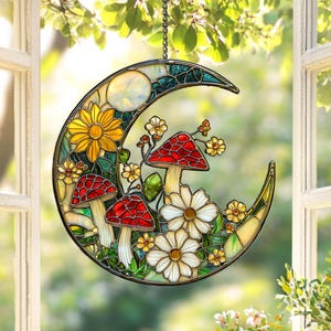 Acrylic Suncatcher Crescent Moon Mushrooms Window Hanging Decoration Wildflower Garden Ornament Cottagecore Art