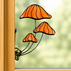 Stained Glass Orange Mushrooms Suncatcher – Handmade Christmas Gift Cottagecore Window Decor